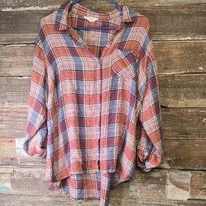 Linda Anderson Plaid Button-Up Shirt W/Crocheted Yoke, Size 1X